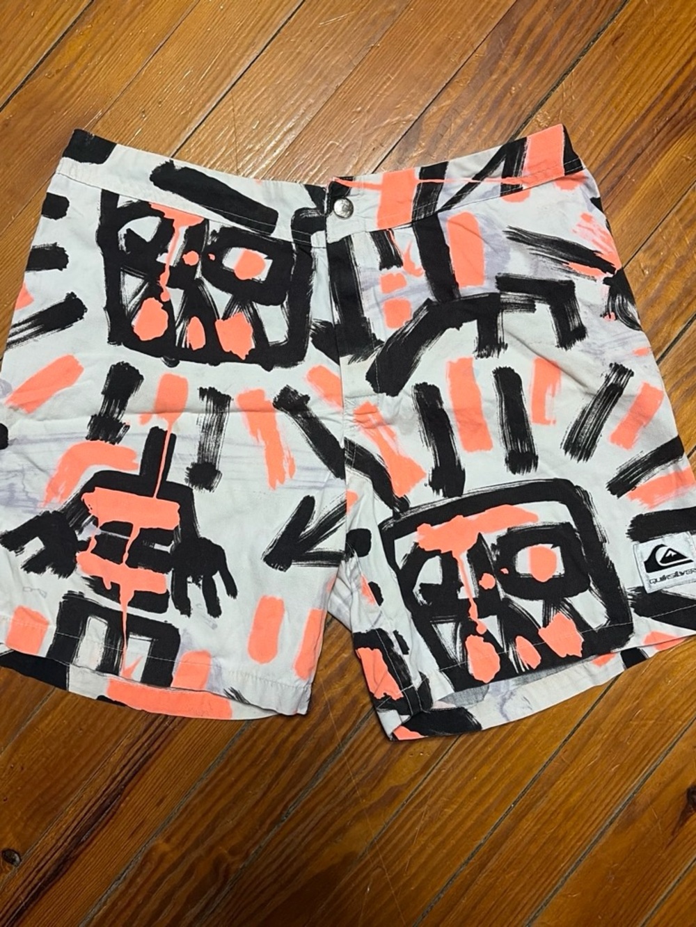 Quiksilver Coral & Black Abstract Brushstroke Swim Trunks